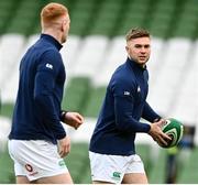 23 February 2024; Jack Crowley, right, and Ciarán Frawley during an Ireland rugby captain's run at the Aviva Stadium in Dublin. Photo by Harry Murphy/Sportsfile