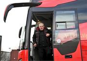 23 February 2024; Head coach Warren Gatland makes his way off the team coach before a Wales rugby captain's run at UCD Bowl in Dublin. Photo by Tyler Miller/Sportsfile