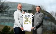 23 February 2023; Georgia Tech head coach Brent Key, left, and director of athletics J Batt during the Aer Lingus College Football Classic 2024 media day at the Aviva Stadium in Dublin. Photo by Seb Daly/Sportsfile