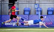 23 February 2024; Jack Halpin of St Mary’s College scores his side's first try during the Bank of Ireland Leinster Schools Senior Cup quarter-final match between CBC Monkstown and St Mary's Collegee at Energia Park in Dublin. Photo by Daire Brennan/Sportsfile