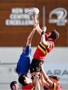 23 February 2024; Cian O’Donnell of CBC Monkstown wins the ball in the line-out ahead of Max Egan of St Mary’s College during the Bank of Ireland Leinster Schools Senior Cup quarter-final match between CBC Monkstown and St Mary's Collegee at Energia Park in Dublin. Photo by Daire Brennan/Sportsfile