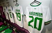 23 February 2024; The jersey of Leanne Kiernan is seen in the Republic of Ireland dressing room before the international women's friendly match between Italy and Republic of Ireland at Viola Park in Florence, Italy. Photo by David Fitzgerald/Sportsfile