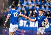 23 February 2024; Evan Moynihan, left, and Cillian Jacobs of St Mary’s College celebrate after scoring their side's fourth try during the Bank of Ireland Leinster Schools Senior Cup quarter-final match between CBC Monkstown and St Mary's Collegee at Energia Park in Dublin. Photo by Daire Brennan/Sportsfile