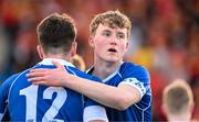 23 February 2024; Evan Moynihan, left, and Seán Thornton of St Mary’s College celebrate after the Bank of Ireland Leinster Schools Senior Cup quarter-final match between CBC Monkstown and St Mary's Collegee at Energia Park in Dublin. Photo by Daire Brennan/Sportsfile