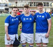 23 February 2024; St Mary's College players, left to right, James Molloy, Liam Flaherty, and David Leane celebrate after the Bank of Ireland Leinster Schools Senior Cup quarter-final match between CBC Monkstown and St Mary's Collegee at Energia Park in Dublin. Photo by Daire Brennan/Sportsfile