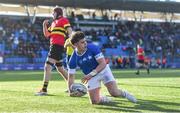 23 February 2024; Zack Hopkins of St Mary’s College scores his side's sixth try during the Bank of Ireland Leinster Schools Senior Cup quarter-final match between CBC Monkstown and St Mary's Collegee at Energia Park in Dublin. Photo by Daire Brennan/Sportsfile