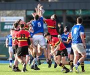 23 February 2024; Players from both sides scramble for the ball during the Bank of Ireland Leinster Schools Senior Cup quarter-final match between CBC Monkstown and St Mary's Collegee at Energia Park in Dublin. Photo by Daire Brennan/Sportsfile