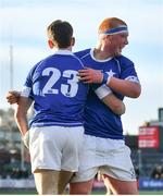 23 February 2024; Matthew Morrissey of St Mary’s College is congratulated by team-mate Joseph Christle after scoring his side's eighth try during the Bank of Ireland Leinster Schools Senior Cup quarter-final match between CBC Monkstown and St Mary's Collegee at Energia Park in Dublin. Photo by Daire Brennan/Sportsfile