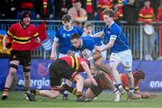 23 February 2024; Aaron O’Brien of St Mary’s College is tackled by Daniel Buckley of CBC Monkstown during the Bank of Ireland Leinster Schools Senior Cup quarter-final match between CBC Monkstown and St Mary's Collegee at Energia Park in Dublin. Photo by Daire Brennan/Sportsfile