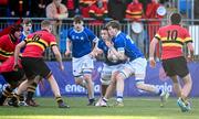 23 February 2024; St Mary's College players Aaron O’Brien, left, and Seán Thornton clash heads during the Bank of Ireland Leinster Schools Senior Cup quarter-final match between CBC Monkstown and St Mary's Collegee at Energia Park in Dublin. Photo by Daire Brennan/Sportsfile