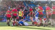 23 February 2024; Aaron O’Brien of St Mary’s College scores his side's seventh try during the Bank of Ireland Leinster Schools Senior Cup quarter-final match between CBC Monkstown and St Mary's Collegee at Energia Park in Dublin. Photo by Daire Brennan/Sportsfile