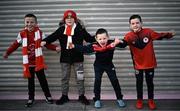 23 February 2024; St Patrick's Athletic supporters, from left, Mason Eaton, Conor Maher, and Frankie and Logan Dunne-Courtney before the SSE Airtricity Men's Premier Division match between St Patrick's Athletic and Bohemians at Richmond Park in Dublin. Photo by Harry Murphy/Sportsfile
