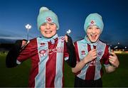 23 February 2024; Drogheda United supporters Conor Gaynor, left, and Daniel Marry before the SSE Airtricity Men's Premier Division match between Drogheda United and Waterford at Weavers Park in Drogheda, Louth. Photo by Tyler Miller/Sportsfile