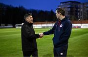 23 February 2024; Bohemians manager Declan Devine and St Patrick's Athletic manager Jon Daly shake hands before during the SSE Airtricity Men's Premier Division match between St Patrick's Athletic and Bohemians at Richmond Park in Dublin. Photo by Harry Murphy/Sportsfile