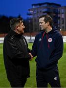 23 February 2024; Bohemians manager Declan Devine and St Patrick's Athletic manager Jon Daly shake hands before during the SSE Airtricity Men's Premier Division match between St Patrick's Athletic and Bohemians at Richmond Park in Dublin. Photo by Harry Murphy/Sportsfile