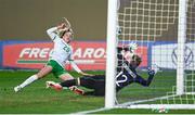 23 February 2024; Leanne Kiernan of Republic of Ireland scores a goal past Italy goalkeeper Katja Schroffenegger, that was subsequently disallowed, during the international women's friendly match between Italy and Republic of Ireland at Viola Park in Florence, Italy. Photo by David Fitzgerald/Sportsfile