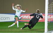 23 February 2024; Leanne Kiernan of Republic of Ireland scores a goal past Italy goalkeeper Katja Schroffenegger, that was subsequently disallowed, during the international women's friendly match between Italy and Republic of Ireland at Viola Park in Florence, Italy. Photo by David Fitzgerald/Sportsfile