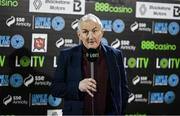 23 February 2024; Galway United manager John Caulfield is interviewed by LOITV before the SSE Airtricity Men's Premier Division match between Dundalk and Galway United at Oriel Park in Dundalk, Louth. Photo by Ben McShane/Sportsfile