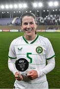 23 February 2024; Niamh Fahey of Republic of Ireland with the Player of the Match award after the international women's friendly match between Italy and Republic of Ireland at Viola Park in Florence, Italy. Photo by David Fitzgerald/Sportsfile
