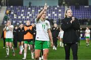 23 February 2024; Katie McCabe of Republic of Ireland, centre, and teammate Diane Caldwell, after the international women's friendly match between Italy and Republic of Ireland at Viola Park in Florence, Italy. Photo by David Fitzgerald/Sportsfile