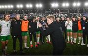 23 February 2024; Republic of Ireland head coach Eileen Gleeson talks to her players after the international women's friendly match between Italy and Republic of Ireland at Viola Park in Florence, Italy. Photo by David Fitzgerald/Sportsfile