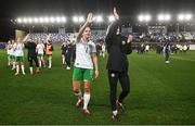 23 February 2024; Republic of Ireland captain Katie McCabe, centre, and teammate Diane Caldwell, right, after the international women's friendly match between Italy and Republic of Ireland at Viola Park in Florence, Italy. Photo by David Fitzgerald/Sportsfile
