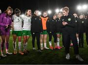 23 February 2024; Republic of Ireland captain Katie McCabe, third from left, talks to teammates and head coach Eileen Gleeson after the international women's friendly match between Italy and Republic of Ireland at Viola Park in Florence, Italy. Photo by David Fitzgerald/Sportsfile