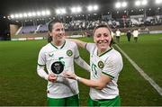 23 February 2024; Player of the Match Niamh Fahey of Republic of Ireland, left, is congratulated by teammate Lucy Quinn after the international women's friendly match between Italy and Republic of Ireland at Viola Park in Florence, Italy. Photo by David Fitzgerald/Sportsfile