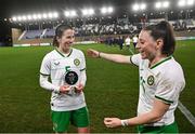 23 February 2024; Player of the Match Niamh Fahey of Republic of Ireland, left, is congratulated by teammate Lucy Quinn after the international women's friendly match between Italy and Republic of Ireland at Viola Park in Florence, Italy. Photo by David Fitzgerald/Sportsfile