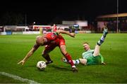 23 February 2024; Mark Coyle of Shelbourne in action against Darragh Nugent of Shamrock Rovers during the SSE Airtricity Men's Premier Division match between Shelbourne and Shamrock Rovers at Tolka Park in Dublin. Photo by Stephen McCarthy/Sportsfile