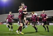 23 February 2024; Edward McCarthy of Galway United celebrates with teammate David Hurley after scoring their side's first goal during the SSE Airtricity Men's Premier Division match between Dundalk and Galway United at Oriel Park in Dundalk, Louth. Photo by Ben McShane/Sportsfile