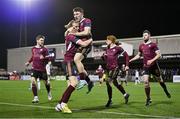 23 February 2024; Edward McCarthy of Galway United celebrates with teammate David Hurley after scoring their side's first goal during the SSE Airtricity Men's Premier Division match between Dundalk and Galway United at Oriel Park in Dundalk, Louth. Photo by Ben McShane/Sportsfile