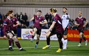 23 February 2024; Edward McCarthy of Galway United, centre, celebrates after scoring his side's first goal during the SSE Airtricity Men's Premier Division match between Dundalk and Galway United at Oriel Park in Dundalk, Louth. Photo by Ben McShane/Sportsfile
