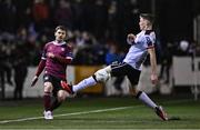 23 February 2024; Colm Horgan of Galway United in action against Zak Bradshaw of Dundalk during the SSE Airtricity Men's Premier Division match between Dundalk and Galway United at Oriel Park in Dundalk, Louth. Photo by Ben McShane/Sportsfile