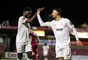 23 February 2024; Dean Ebbe of Athlone Town, right,celebrates after scoring his side's first goal with teammate Armado Oakley during the SSE Airtricity Men's First Division match between Cobh Ramblers and Athlone Town at Turner's Cross in Cork. Photo by Michael P Ryan/Sportsfile