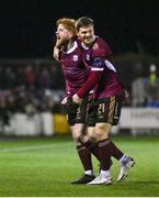 23 February 2024; Aodh Dervin of Galway United celebrates with teammate Colm Horgan, right, after scoring their side's second goal during the SSE Airtricity Men's Premier Division match between Dundalk and Galway United at Oriel Park in Dundalk, Louth. Photo by Ben McShane/Sportsfile