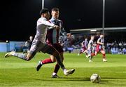 23 February 2024; Maleace Asamoah of Waterford in action against Evan Weir of Drogheda United during the SSE Airtricity Men's Premier Division match between Drogheda United and Waterford at Weavers Park in Drogheda, Louth. Photo by Tyler Miller/Sportsfile