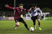 23 February 2024; Sam Durrant of Dundalk in action against Colm Horgan of Galway United during the SSE Airtricity Men's Premier Division match between Dundalk and Galway United at Oriel Park in Dundalk, Louth. Photo by Ben McShane/Sportsfile