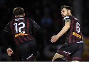 23 February 2024; Jordan Flores of Bohemians, right, celebrates with teammate Danny Grant after scoring his side's first goal during the SSE Airtricity Men's Premier Division match between St Patrick's Athletic and Bohemians at Richmond Park in Dublin. Photo by Harry Murphy/Sportsfile