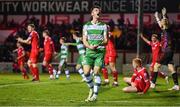 23 February 2024; Josh Honohan of Shamrock Rovers reacts to a missed opportunity on goal during the SSE Airtricity Men's Premier Division match between Shelbourne and Shamrock Rovers at Tolka Park in Dublin. Photo by Stephen McCarthy/Sportsfile