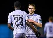 23 February 2024; Darragh Power of Waterford, right, and team-mate Romeo Akachukwu celebrate after their side's victory in the SSE Airtricity Men's Premier Division match between Drogheda United and Waterford at Weavers Park in Drogheda, Louth. Photo by Tyler Miller/Sportsfile