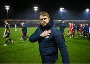 23 February 2024; Shelbourne manager Damien Duff acknowledges the Shelbourne supporters after the SSE Airtricity Men's Premier Division match between Shelbourne and Shamrock Rovers at Tolka Park in Dublin. Photo by Stephen McCarthy/Sportsfile