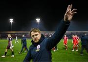 23 February 2024; Shelbourne manager Damien Duff acknowledges the Shelbourne supporters after the SSE Airtricity Men's Premier Division match between Shelbourne and Shamrock Rovers at Tolka Park in Dublin. Photo by Stephen McCarthy/Sportsfile