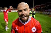 23 February 2024; Mark Coyle of Shelbourne celebrates after the SSE Airtricity Men's Premier Division match between Shelbourne and Shamrock Rovers at Tolka Park in Dublin. Photo by Stephen McCarthy/Sportsfile