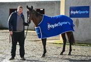 26 February 2024; BoyleSports has announced it is teaming up with John ‘Shark’ Hanlon as his Official Stable Partner. The new multi-year partnership will see the bookmaker gain exclusive access to follow horse racing hero Hewick on his journey to the Cheltenham Gold Cup as well as a host of other big feature races throughout 2024/2025. To mark the 100th year of the Cheltenham Gold Cup, BoyleSports has also pledged to donate €100,000 to the Irish Injured Jockeys (IIJ) and the Inured Jockey’s Fund (IJF) if Hewick wins the race. Pictured is horse trainer John ‘Shark’ Hanlon, and Hewick, at his yard in Fenniscourt, Carlow. Photo by Seb Daly/Sportsfile