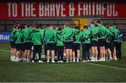 23 February 2024; The Ireland team huddle before the U20 Six Nations Rugby Championship match between Ireland and Wales at Virgin Media Park in Cork. Photo by Brendan Moran/Sportsfile