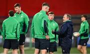 23 February 2024; Ireland head coach Richie Murphy speaks to captain Evan O’Connell, centre, and outhalf Jack Murphy before the U20 Six Nations Rugby Championship match between Ireland and Wales at Virgin Media Park in Cork. Photo by Brendan Moran/Sportsfile