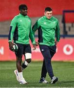 23 February 2024; Sean Edogbo, left, and Stephen Smyth of Ireland before the U20 Six Nations Rugby Championship match between Ireland and Wales at Virgin Media Park in Cork. Photo by Brendan Moran/Sportsfile