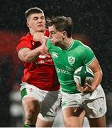 23 February 2024; Hugo McLaughlin of Ireland is tackled by Harry Rees-Weldon of Wales during the U20 Six Nations Rugby Championship match between Ireland and Wales at Virgin Media Park in Cork. Photo by Brendan Moran/Sportsfile