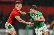 23 February 2024; Hugo McLaughlin of Ireland is tackled by Harry Rees-Weldon of Wales during the U20 Six Nations Rugby Championship match between Ireland and Wales at Virgin Media Park in Cork. Photo by Brendan Moran/Sportsfile